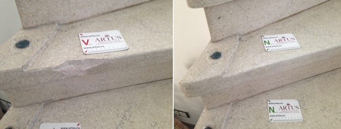Abplatzung an einer Stufe an einer Steintreppe