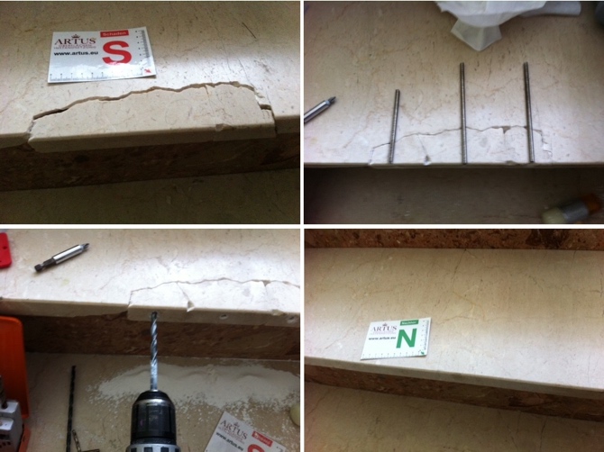 Abgeplatztes Trittstück bei einer Marmortreppe
